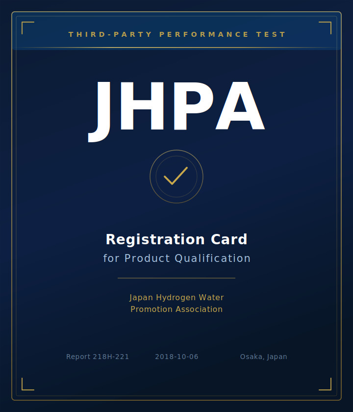 H2 Concentration Test 1 JHPA Registration Card for Product Qualification — Japan Hydrogen Water Promotion Association