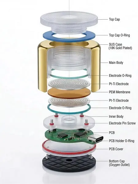 Technology 2 H2CAP PLUS assembly exploded render (18K Gold-Plated model) — Top Cap, SUS Case, Pt-Ti Cathode Disc, PEM Membrane, Pt-Ti Anode Disc, PCB, and Bottom Cap