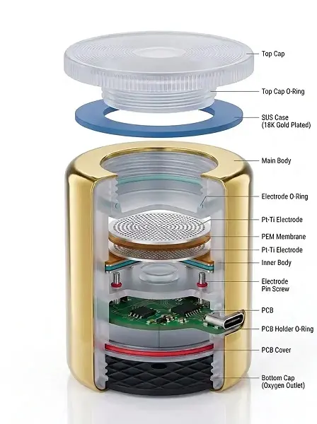 Technology 1 H2CAP PLUS cutaway render — Top Cap, SUS Case (18K Gold-Plated), Pt-Ti Cathode Disc, PEM Membrane, Pt-Ti Anode Disc, PCB, and Bottom Cap O2 outlet